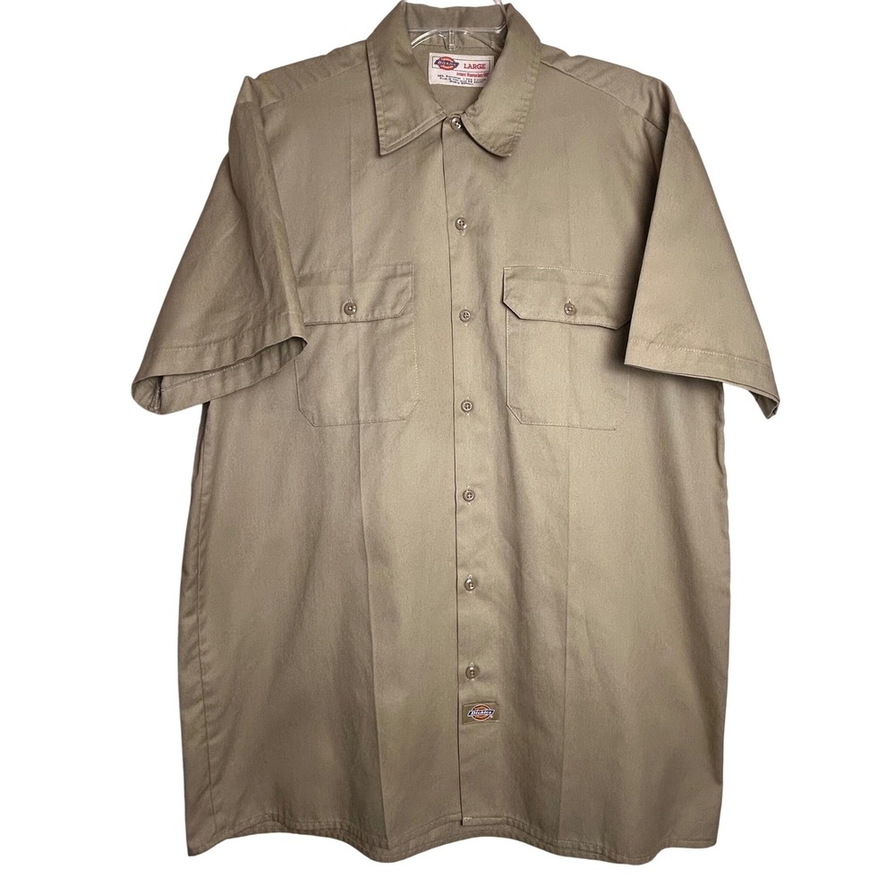 Dickies Mens Work Shirt Khaki Short Sleeve‎ Button Up Large Authentic Workwear